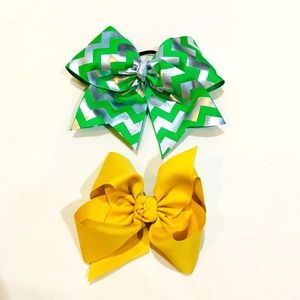 Set of Two Hair Bows Green & Silver with Tie and Yellow with Clip